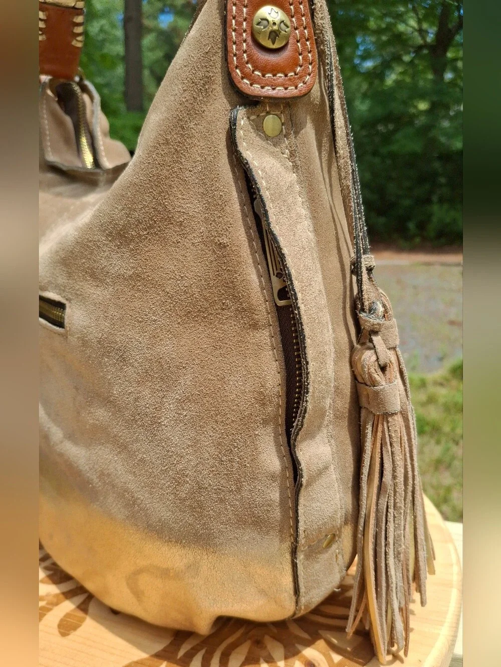 Patricia Nash Gold Ombre Tan Suede Tassel Whipstitch Leather Hobo Bag - Picture 7 of 14